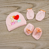 New Born Baby I love Mom Cap Botties and Mitten Set
